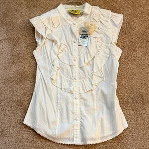 Juicy Couture Cream Ruffle Front Button Blouse with Green Pinstripes 4 NWT